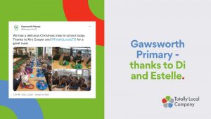 wording - Gawsworth Primary thanks to Di and Estelle, collage of images showing the children's christmas dinner
