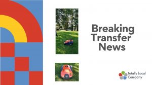 Wording - breaking transfer news, two photos of a small orange mower on green grass, one image has trees towards the rear