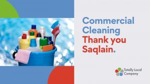 wording - commercial cleaning - thank you Saqlain, image of cleaning products in a bucket
