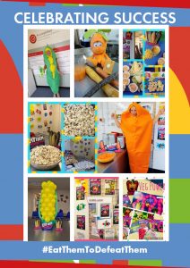 A montage of bright images of food from a variety of schools, including two images of one of our team dressed in a sweetcorn and also a carrot costume