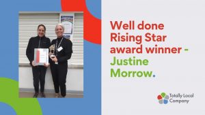wording - well done rising star award winner justine morrow - with image of justine and her senior manager holding the award and certificate