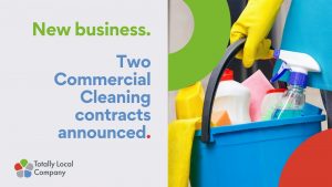 image of personal holding a bucket with cleaning products in it, along with wording confirmed the new business win